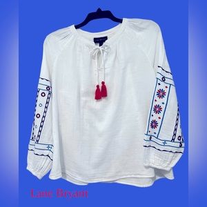 Lane Bryant Peasant Top, Size 16P, White with Blue and Red Embroidery